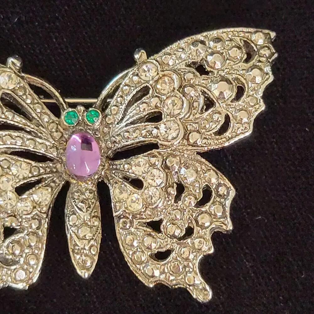Vintage Butterfly Brooch Green Purple Rhinestone Faux Marcasite Cabochon Belly